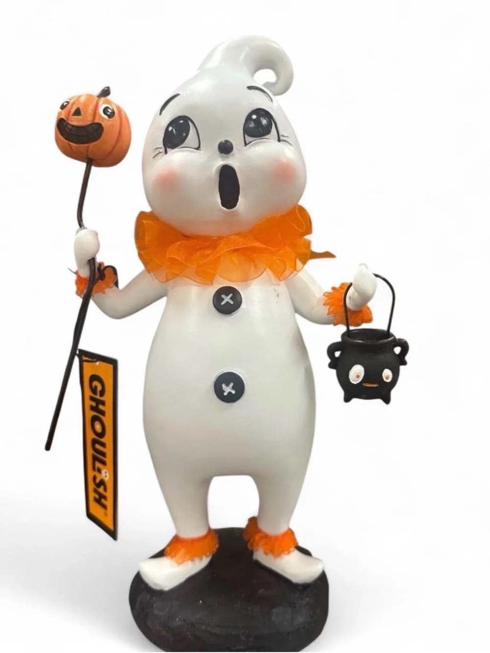 Vintage Ghoulish Ghost Figurine with Orange Accents - Festive Holiday Decor